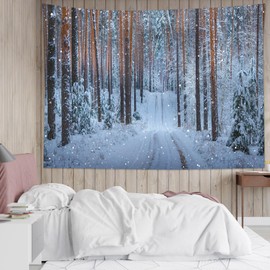 LB Winter Forest Tapestry, Christmas Brown and Green Pine Tree with Snowflake Wall Tapestry for Bedroom, Winter Snow Scene Wall Hanging Tapestry Wall Art for Living Room Home Decor, 40L x 60W Inches