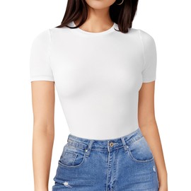 YOGINGO Bodysuits for Womens Crew Neck Short Sleeve Body Suits Tummy Control Compression Shapewear Summer Tops Onesie Shirts