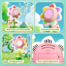 Rechargeable Flower Bubble Guns for Kids W/LED Lights & 10 Refill Solutions, Fun Swing Dance Bubble Maker Machine Blower Blaster Toys,Outdoor Summer Play, Easter, Birthday Party Favors & Gifts Pink