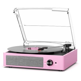 Vinyl Record Player with 2 Stereo Speakers Belt-Driven Vintage Turntables 3 Speed 3 Size Wireless Bluetooth Playback AUX-in RCA Out Headphone LP Vinyl Players Auto Stop Pale Pink