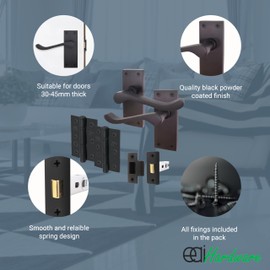 EAI Black Victorian Scroll Door Handle Latch Set | 1 Pair of Matt Black Internal Lever Latch Handles on Backplate with Hinges (76mm) & Latch (64mm)