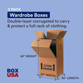 BOX USA Heavy Duty Wardrobe Moving Boxes Tall with Bars 20"L x 20"W x 45"H (3-Pack) Large Corrugated Cardboard Boxes with Hanging Bar, Packing, Storage Box for Clothes