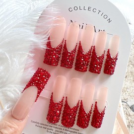 NAIL ANGEL 10pcs Handmade Press On Nail Tips Red Rhinestone French XXL Long Coffin Types Artifical Nails Party Nails Glitter Rhinestones ZJ-02(S)