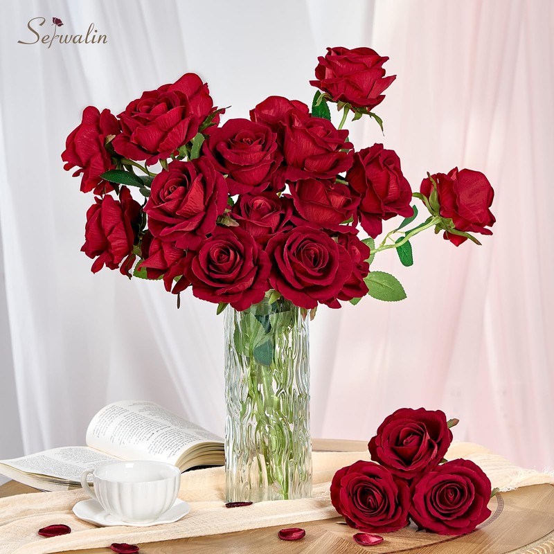 Serwalin 50pcs Artificial Red Roses, 4'' Velvet Flower Head Fake