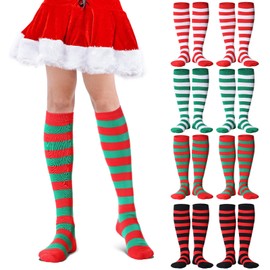 Glitopper 8 Pairs Striped Christmas Knee High Socks Elf Socks Bulk Xmas Socks Red White Green Christmas Gifts Stocking(Multicolor, M)