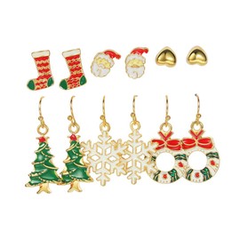 Cute Bells Bow Elk Snowflake Stud Earrings Christmas Earrings for Women Christmas Tree Santa Claus Earrings Hook Xmas Holiday Party Ear Jewelry 6 Pairs(set04)