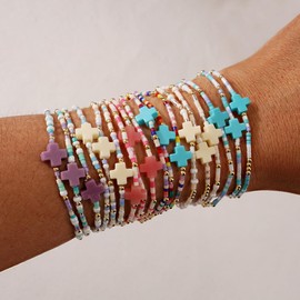 SHINUS BOHO Dainty Beige Cross Gold Beaded Bracelet Stack for Women,3PCS Cute Small Beads Stretch Stackable Bracelets Trendy Minimalism Holiday Party Accessories Jewelry Gift Friendship