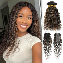 ALHER F1B/27 Black and Blonde Highlight Water Wave Bundles with 2x6 Long Deep Part Lace Closure, 12A Wet n Wavy Bayalage Ombre Colored Bundles with Closure 100% Virgin Remy Human Hair 16 18 20+16 IN