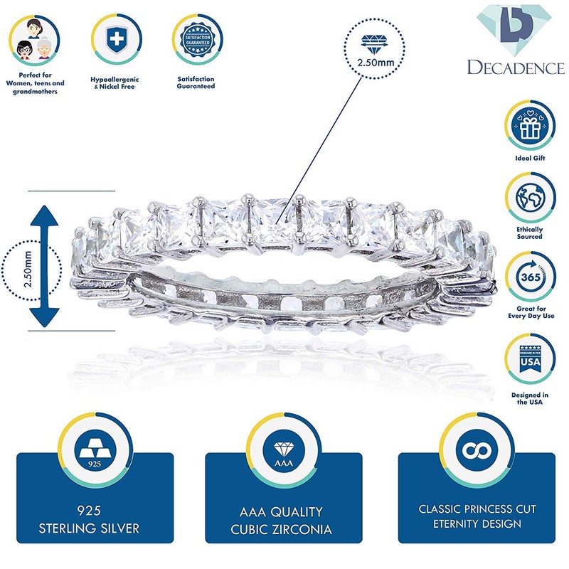 Sterling Silver 925 Rhodium Plated 2.50mm Princess Square Cut Eternity