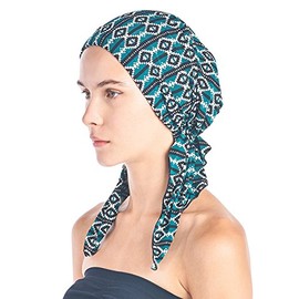 Ashford & Brooks Bandana preatada turbante quimioterapia, bufanda para dormir, Verde azulado (Teal Aztec), Talla única