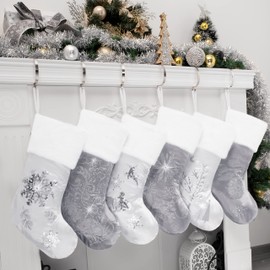 GEX Christmas Stockings 6 Pack for Family 20" Large Silver Grey Satin with Sequins Faux Fur Rhinestones Embroidery Classic Luxury Fireplace Tree Decorations Ornament for Xmas Season (Set of 6)