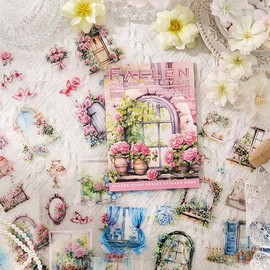 TIAMECH Glazed Tile House Fallen Flower Courtyard Sticker Book - 20 Sheets Waterproof PET Scrapbooking Stickers for Junk Journaling, Decorative Ephemera & DIY Crafts