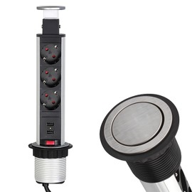 Lumonic LiftBox 3 x Schuko Sockets + 2 x USB 2.4 A Table Sockets Stainless Steel I 3 Sockets with 230 V in Tower Max. 3600 W I With Drill Hole Size 107 mm Idea