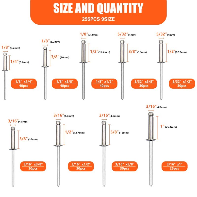 BOTTEN 100 pcs 1/8"x 1/2" Stainless Steel Blind Pop Rivets,3.2