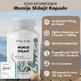 Shilajit Original Kapseln - 1000mg Tagesdosis - 200 Kapseln (hochdosiert) - Mumijo Shilajit Extrakt (10:1 Formel) - 80% Fulvinsäure, 12% Huminsäure, +85 Mineralien - Vegan + Geprüft