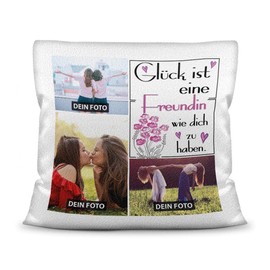 Cushion with Cushion Filling with Photo Collage to Design Yourself with Three Photos and Saying "Glück ist, eine Freundin wie Dich zu haben - Cushion White Fluffy 40 x 40 cm