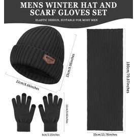 Mens Hat and Gloves Set, Warm Beanie Knit Long Scarf Fleece Lined Winter Hats Touchscreen Gloves for Men, Style A-Black