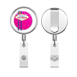 Las Vegas Welcome Sign Round ID Badge Key Card Tag Holder Badge Retractable Reel Badge Holder with Belt Clip