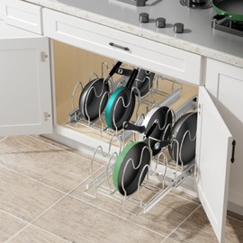 ROOMTEC Pull Out Pot and Pan Organizer under Cabinet,Slide Out Pan and Pot Lid Organizer Rack With Adjustable bracket for Kitchen Cabinet - 11in.W x 21in.D