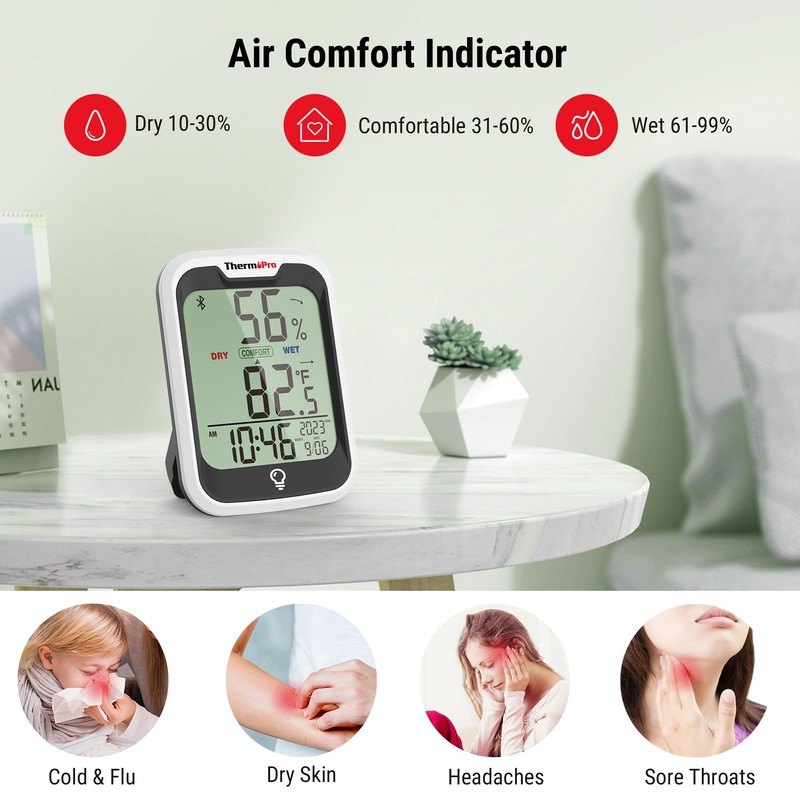 ThermoPro TP358 Bluetooth Thermometer for Room Temperature with Built-in Clock,