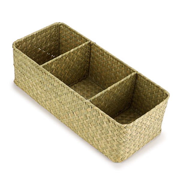 IGNPION 3-compartment Seagrass Storage Basket Woven Seagrass Desktop Basket Rectangular Organiser Box Shelves & Desks Decorative Basket for Sundries Stationery Toys Cosmetics, Natural Color