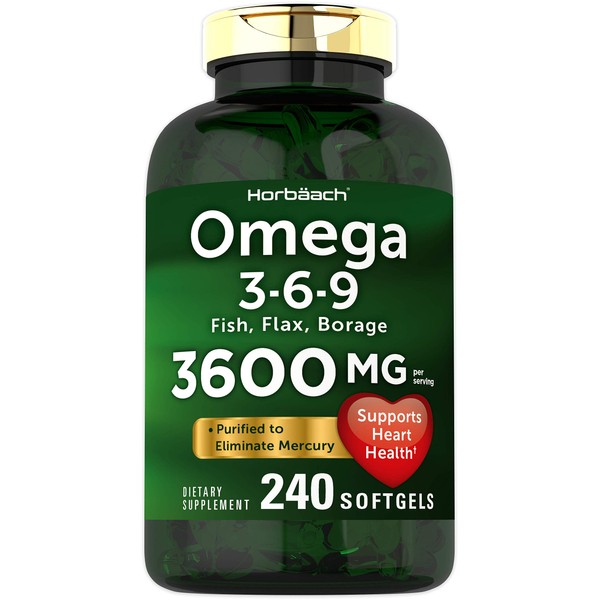 Triple Omega 3-6-9 3600 mg 240 Softgels | from Fish, Flaxseed, Borage Oils | Non-GMO & Gluten Free | by Horbaach