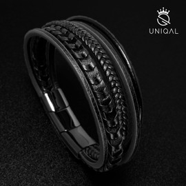 UNIQAL Men's Leather Bracelet "ARMARA" Braided Men's Bracelet Made of Genuine Leather and Stainless Steel Magnetic Closure Black Brown Blue Unisex Gift Idea Case Birthday, 23 inches, Stainless Steel