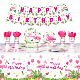 Tudomro 172 Pcs Flamingo Birthday Party Supplies Flamingo Party Decorations Include Hawaiian Tablecloths Birthday Banner Napkins Tableware Set for Summer, Serves 24