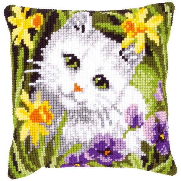Vervaco Cross Stitch Cushion Kit White Cat in Daffodils 16" x 16"