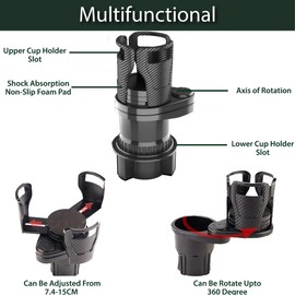 Cup Holder Expander for Car, 2 in 1 Car Cup Holder with 360° Rotating, Cup Holder for Car with Adjustable Upper Cup & Base, Cup Holders for Large Bottles, Drinks & Mugs - Interior Car Accessories.