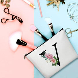 Flower Letter Makeup Bag Letter V Cosmetic Bag Alphabet Initial Makeup Bag Birthday Gifts for Women Mom Friend Bride Bridesmaid Cosmetic bag(A022)