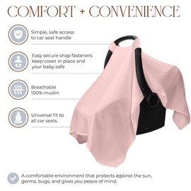 Liangang Baby Car Seat Cover - Soft, Breathable Bamboo Rayon and Muslin Cotton Blend - Lightweight Canopy for Sun, Bug, and Comfort Protection - Large Size Infant Seat Cover (Pink)