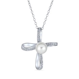 Bridal Simple Religious Simulated White Pearl Infinity Cross Necklace Pendant For Women Wedding Teen .925 Sterling Silver