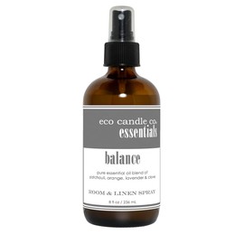 Eco Candle Co. Essentials Room & Linen Spray, Balance, 8 fl. oz. - Scents of Patchouli, Orange, Lavender, & Clove - Recycled Amber Glass Bottle, No Propellents, Pure Essential Oils, Pump