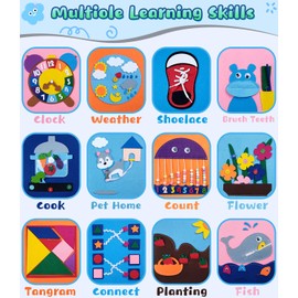 Busy Book for Toddlers, Toddler Busy Board Felt Quiet Book Including 12 Themes Preschool Learning Activities Educational Sensory Toy for Kids Gift, 3D Rainbow Montessori Board Sensory Toy