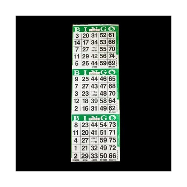 SmallToys 3 on Green Bingo Paper Game Cards - 1000 Sheets - 4 Inch by 12 Inch Size Disposable Sheet - Made in USA