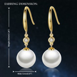 JAXXEL White Pearl Earrings for Women, Fishhook Pearl Drop Earrings with Platinum Plated CZ Diamond, 5A+ Cubic Zirconia Pearl Dangle Earrings Fine Jewelry for Ladies 12MM
