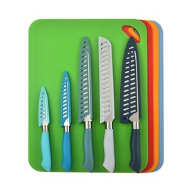 DURA LIVING 14-Piece Color-Coded Knife & Cutting Board Set – Razor-Sharp Stainless Steel Blades with Blade Guards, 4 Multi-Color Flexible Cutting Mats