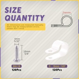 Swpeet 120 Pack White 5/8 Inch Nylon Plastic R-Type Cable Clips Clamp Kit, Nylon Screw Mounting Cord Fastener Clips with 120 Pack Screws for Wire Management (5/8 Inch, White)