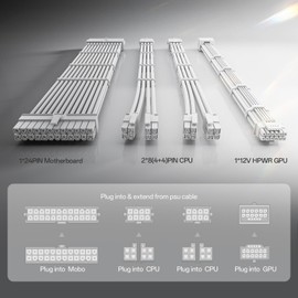 AsiaHorse 12VHPWR Cable Extension Kit, 16AWG Pcie 5.0 PSU Cable Extension Kit Soft Braided 16PIN to 16PIN Cable Kit, 24pin ATX /4+4pin EPS /12+4pin 30CM Length with Cable Combs (White)