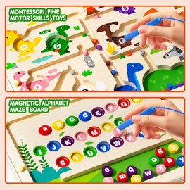 2 in 1 Magnetic Color and Number Maze Magnet Alphabet Counting Dinosaur Double Sided Board Wood Puzzle Fine Motor Skills Montessori Preschool Toys Gifts for Boys and Girls 3-5 Age (Dinosaur, One Size)