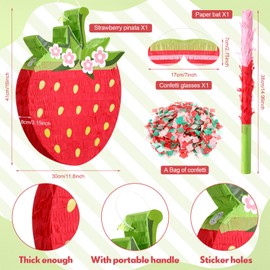 Spakon 113 Pcs Strawberry Piñata Strawberry Birthday Party Supplies Piñata Set 16 Mini Notebook 16 Pen 16 Keychain 16 Silicone Bracelet 16 Mini Strawberry 16 Sticker 16 Stamp Party Supplies Gifts