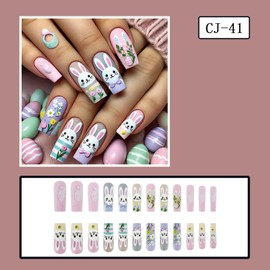 EYZOTSF Press on Nails Medium Square Shaped Acrylic Medium Length Square False Nails with Designs Artificial Short Coffin Fake Nail with Charms Glue Stick ons Fingernails for Women Girls(CJ41)