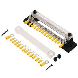 Greluma 1 Piece 150A Power Distribution Block Busbar with Ring Terminals, Double Row 12 Way Busbar for Car, Marine, Boat, 4 x M6 Bolts, 24 x M4 Screw