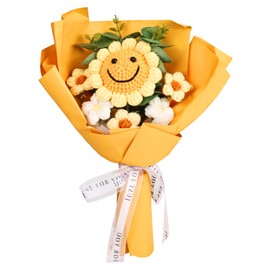 Handmade Crochet Flower Bouquet, Knitted Smile Sunflower, Hand Woven Artificial Floral Arrangement, Knitted Eternal Fake Flowers, Plush Bouquet for Mother’s Day, Birthday, Valentine's Day, Wedding