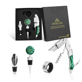 AM DELUXE Premium Wine Accessories Set. Waiters Corkscrew Wine Opener - Stainless Steel & Resin Inlay, Wine Aerator Pourer, Wine Stopper, Wine Collar Drip Ring. Wine Accessories Gift Set