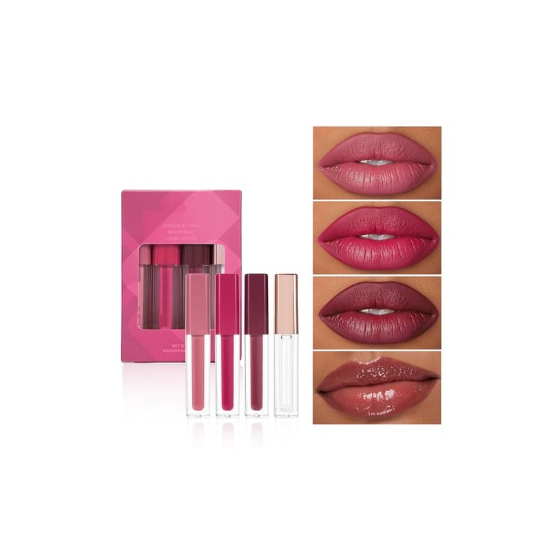 Set de Labiales Líquidos 4 Piezas con Acabado Brillante, Perlado,