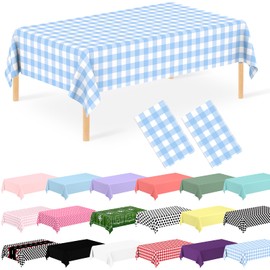 JCTHKUKU 2 Pack Blue Gingham Tablecloth, Plastic Light Blue Checkered Table Cloth, Blue and White Plaid Table Cover for Outdoor Picnic, Wedding, Baby & Bridal Shower, Birthday Party (54 x 108 Inch)