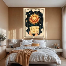 40X60 Inch Tarot Tapestry Wall Hanging - Sun & Moon Star White Cloud Psychedelic Boho Decor, Vintage Spiritual Art for Bedroom & Living Room, Orange Throw Blanket & Mystic Tarot Card Tapestrys
