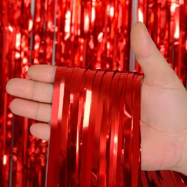 Melsan Red Foil Fringe Curtain Party Decorations, Melsan 3.2 x 8 ft Metallic Tinsel Curtains Streamer Backdrop for Christmas, Birthday, Anniversary, Valentine's Day Party Decorations, Pack of 2